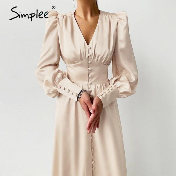 

simplee elegant spring satin bishop sleeve a-line dress women v-neck high waist button dress solid vintage long dresses chic 210224, Black;gray