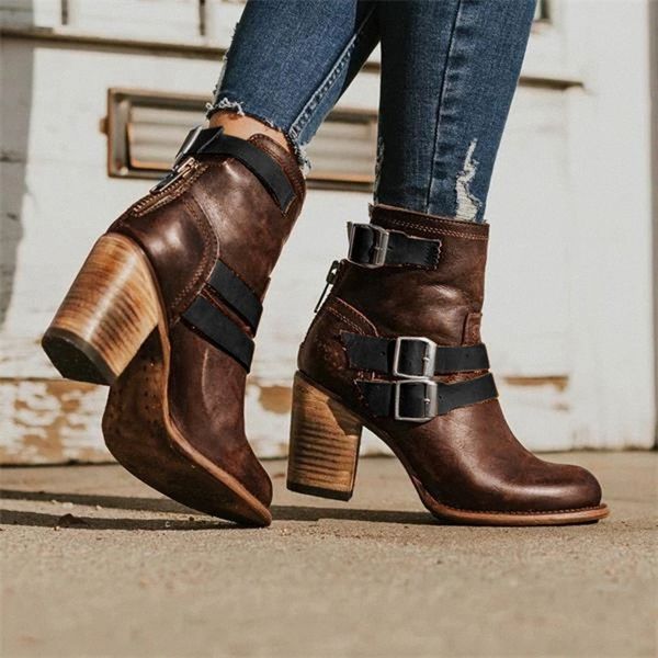 

womens solid round toe large size buckle zipper mid heel boots shoes breathable high heel winter warm boots zapatos de mujer boys boot w2ir#, Black