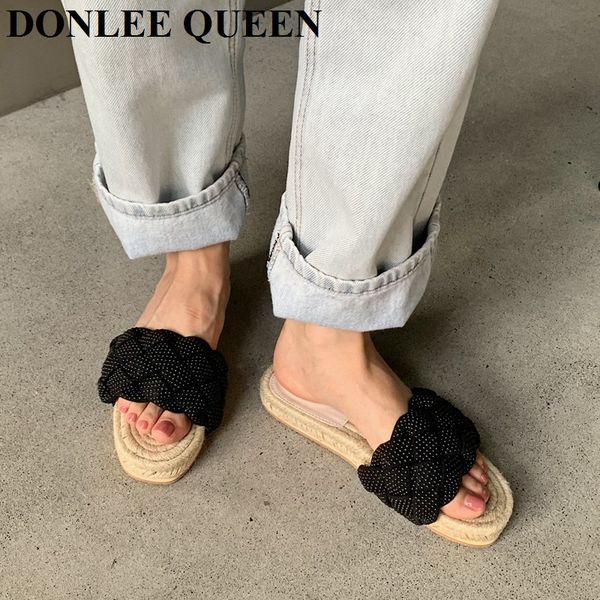 

2021 summer women slipper brand weave ladies sandal shoes flat casual hemp slides beach flip flops house slipper sandalias mujer, Black