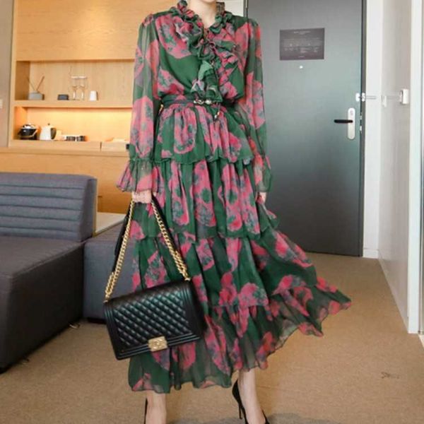 

fashion runway floral ruffles tiered cake long dress spring vintage women's sleeve holiday chiffon party 210526, Black;gray