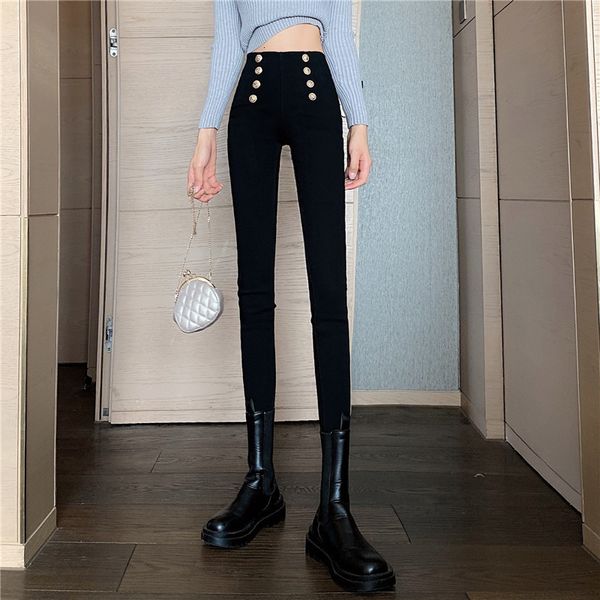 

women's fashion 2021 winter plus velvet high-elastic thick breasted tight pants of high waist hln9, Black;white