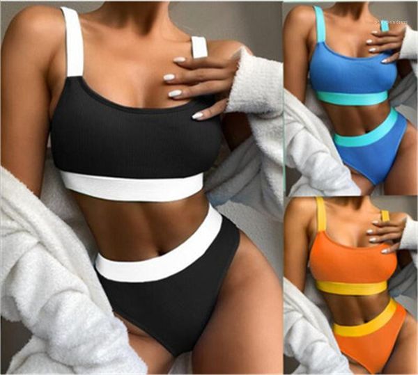 

printing swimwear fashion trend gather chest bras briefs split bikini swimsuit summer female new beach bikini sets womens solid colors, White;black