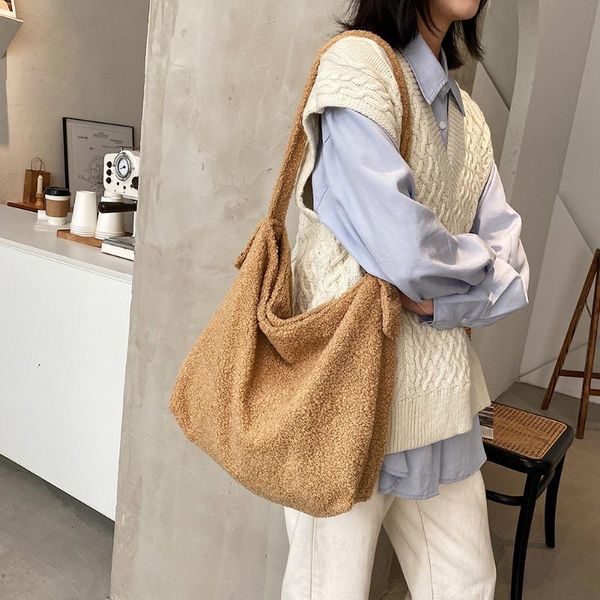 

cross body plush material messenger bag student large capacity shoulder bags original design tote female simple shopping handbag