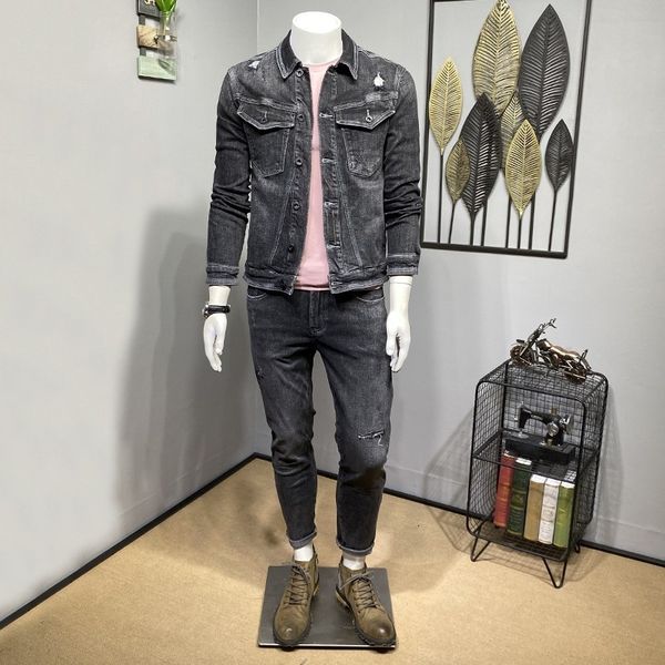 

men's jackets vintage cargo coats torn hole man's jean jackets streetwear fine casual fit outerwear spring long bikers jacket slee, Black;brown