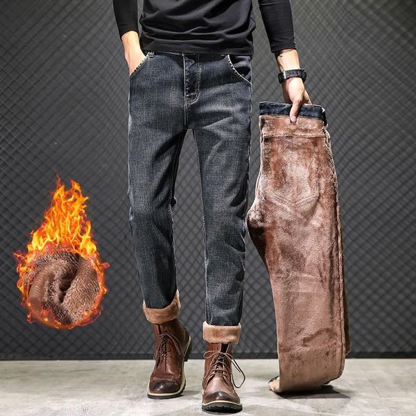 

men's jeans 2021 winter blue fleece thicken warm denim pants male brand business straight elasticity
