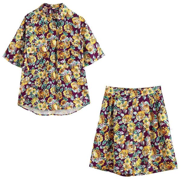 

2021 new summer women 2 pieces set colourful floral print short sleeve turn-down collar shirt shorts suit female fashion clothes, Gray