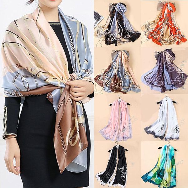

scarves fashion elegant silk scarf women long hijab peacock feather print satin shawls ladies neck headscarf head bandana, Blue;gray