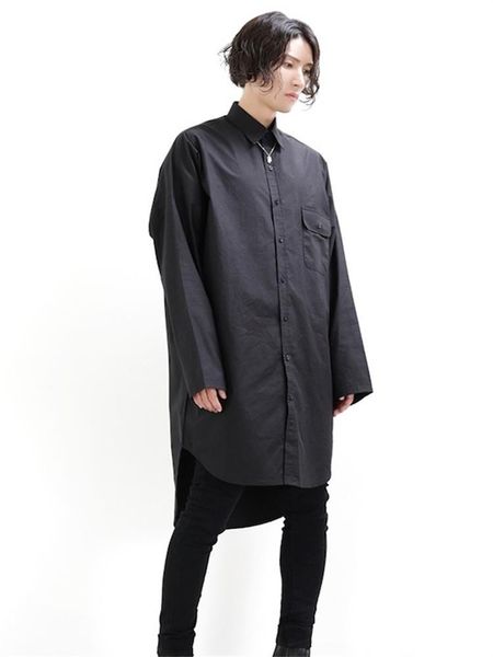 

men's casual shirts spring and autumn mid-length shirt profile with unsymmetrical round front back square collar solid long sleeves, White;black