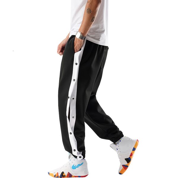 

ew hip 2021 hop side buttons elastic waist loose style men joggers broek, Black