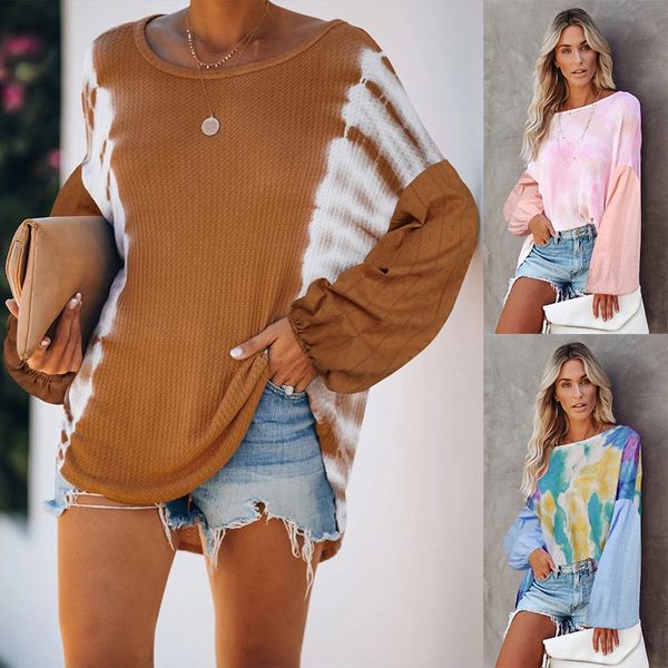 

2021 new european and american women's wear pullover loose tie dyed round neck printed long sleeve top, White