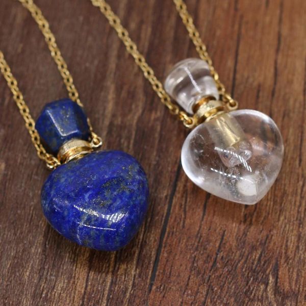 

pendant necklaces natural perfume bottle crystal stone necklace lapis lazuli essential oil diffuser charm copper chain jewelry gift, Silver