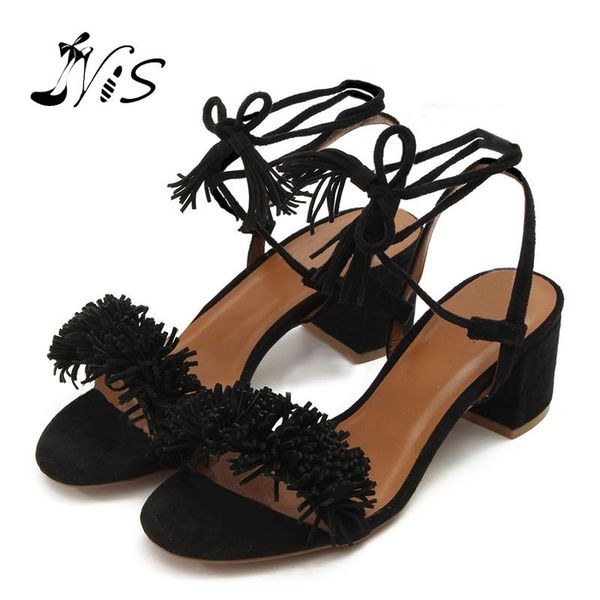 

nis women sandals heel women ankle lace up high heels summer sandals pumps shoes tassel block heel casual shoes size 35-41, Black