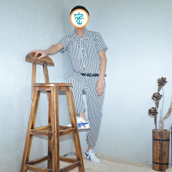 

spring and summer thin section loose casual lapel tide male holiday striped feet jumpsuit hip hop nine pants hjkp, Black