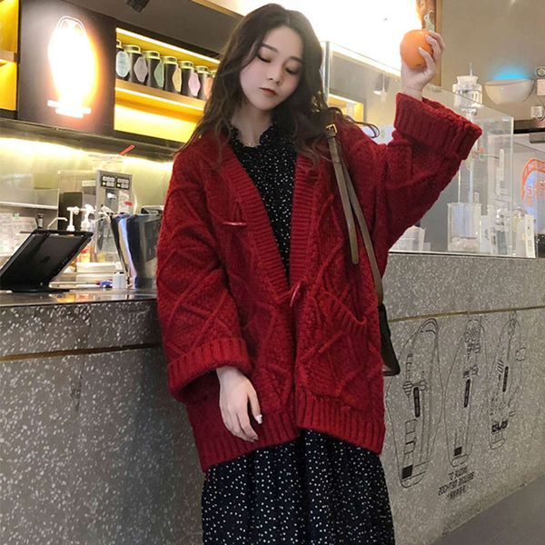 

2021autumn and winter 2020 new woolen sweater women's cardigan jacket medium length thickened loose lazy wind knitting red, White;black