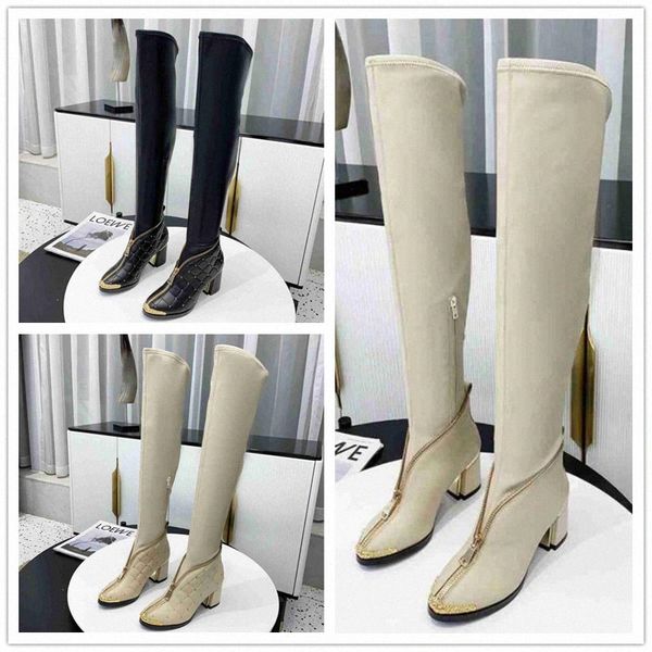 

front zipper designer thigh-high boots women fashion cowhide leather elastic over the knee boot .5cm chunky heels martin booties eur36-41 1, Black