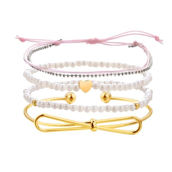 

charm bracelets women fashion 4 pcs/set simulated pearl bangle bracelet bohemia vintage silver personality bow heart wedding, Golden;silver