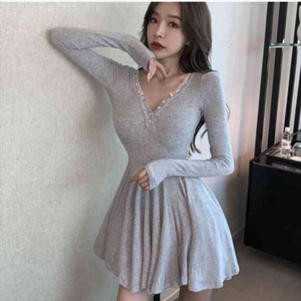 

summer spring lace miniskirt womens dresses v neck long sleeve vestido de mujer, Black;gray