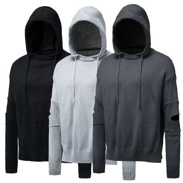 

autumn winter men long sleeve knitwear hoodies fashion classic cotton solid color loose hooded drawstring sweatshirts kg-137, Black