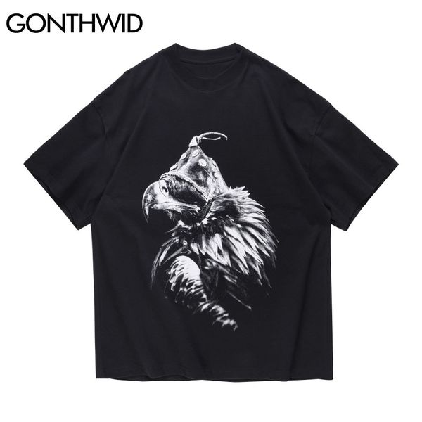 

gonthwid tshirts summer hip hop harajuku punk rock gothic eagle print short sleeve t-shirts streetwear cotton casual tees c0315, White;black
