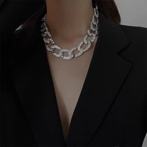 

hbp fashion ins style full diamond ot buckle metal necklace light luxury personality exaggeration clavicle neck chain women's net red, Silver