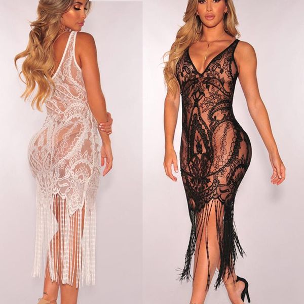 

women's swimwear tassel see-through hollow out lace crochet bikini cover up women summer mini bodycon beach dress, White;black