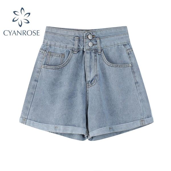 

women's shorts summer 2021 high waist wide-leg denim black and blue loose double-buckle a-line curling female, White;black