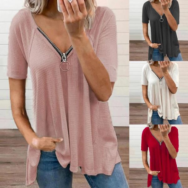 

women's t-shirt women short sleeve t shirt zipper loose lady clothes 2021 summer casual femme, White