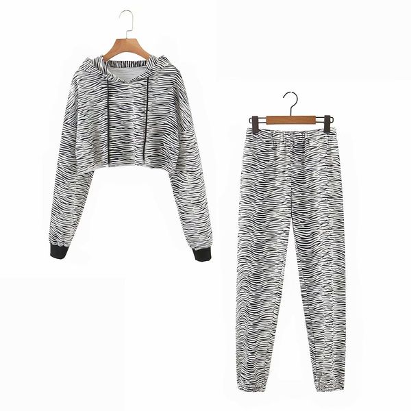 

female winter suit style printing with hoodie necklace + high-waisted pants 2 ensemble kpel, White