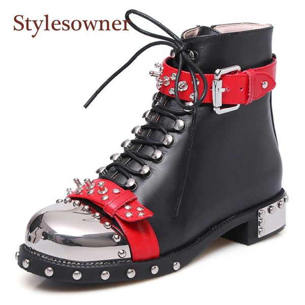 

boots 2021 rivet -selling round toe color block high heel metal belt buckle strappy square temperament show women's, Black