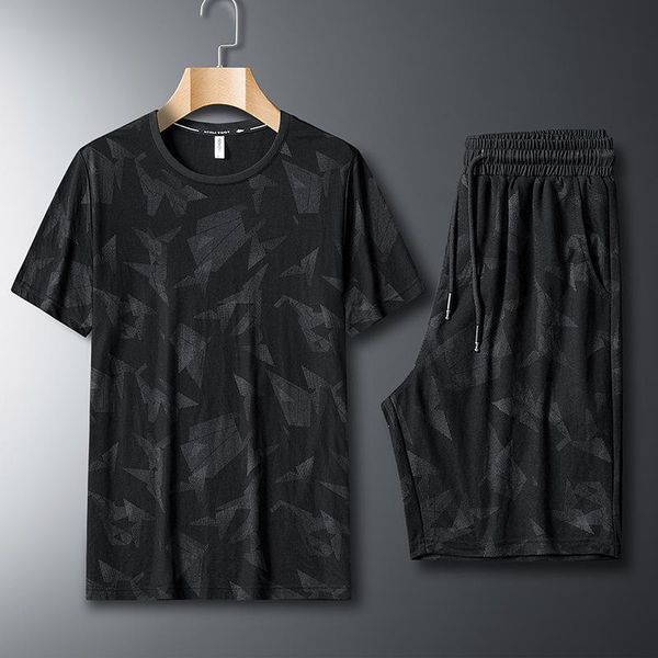 

men's tracksuits 21 summer casual suit thin camouflage clothing youth loose ice silk five-point pants sports two-piece, Gray