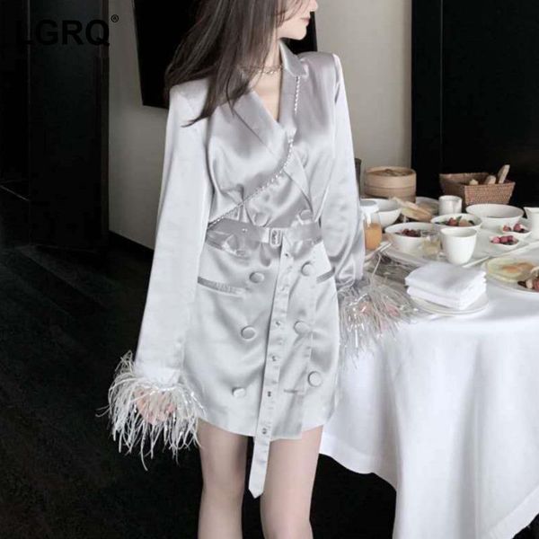 

women's suits & blazers [lgrq] women black ostrich feather blazer notched neck long sleeve loose fit jacket fashion tide spring autumn, White;black