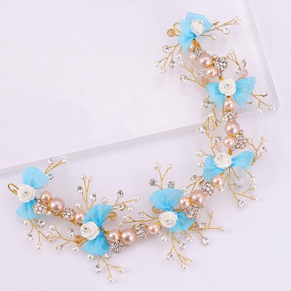 

hair clips & barrettes blue bowknot flower bridal headband fashion romantic crystal pearl wedding hairband bride accessories headpieces, Golden;silver