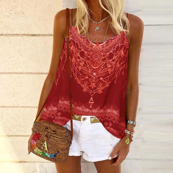 

5xl large size t shirt female summer cotton linen polyester tank boho print sleeveless vest womens loose spaghetti strap shirts a29, White