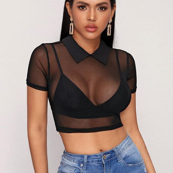 

new sheer summer black short sleeve crop womens blouses and 2021 see through slim turn down collar cropped mesh shirt c51 srax, White