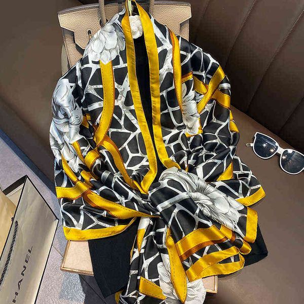 

scarves korean female chunqiu mountain camellia versatile long imitation silk scarf light gift in summer with cheongsam shawl, Blue;gray