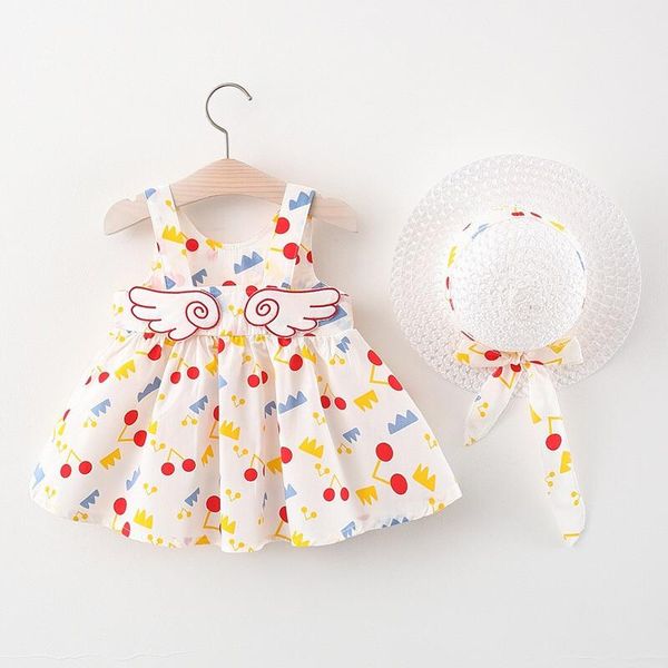 

girl's dresses summer baby clothes cotton sleeveless infant toddler dress little girl wing print princess dress+hat 2pcs kids clothing, Red;yellow