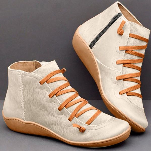 

boots fashion leather casual retro flat shoes lace-up rubber sole women's side zipper round toe outdoors shoe for female#4, Black