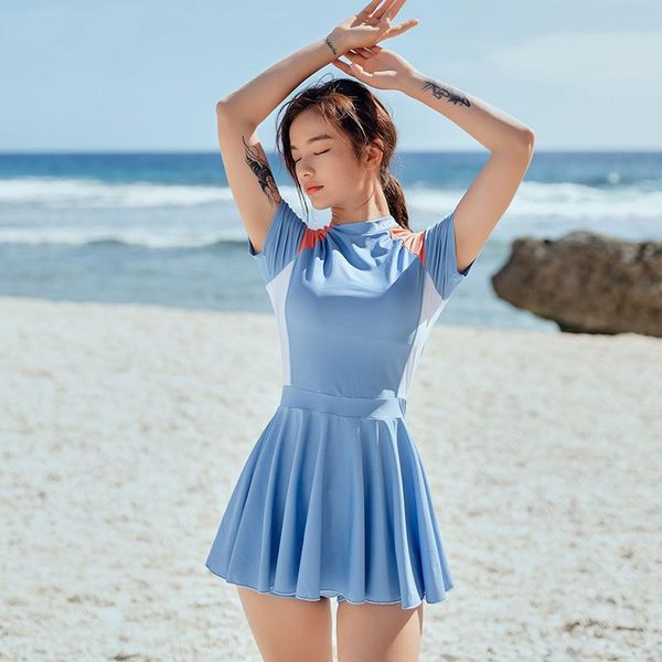

conservative short sleeve korean style swimwear women tankini swimsuit skirt big size bathing suit bathsuit two piece spring