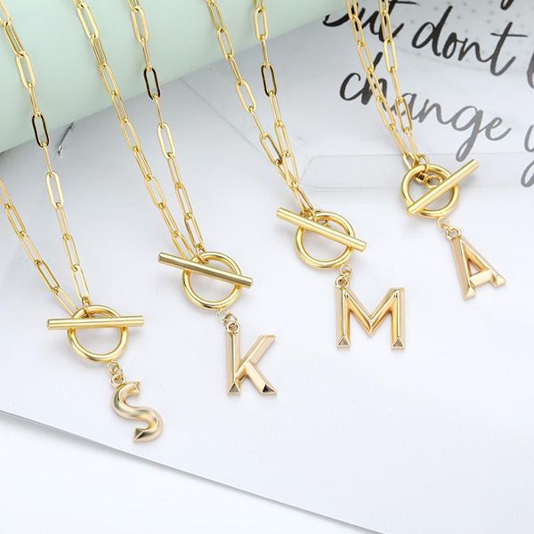 

chains toggle clasp ot buckle capital letter initial necklace for women a-z alphabet pendant necklaces thick hip hop pin chain jewelry, Silver