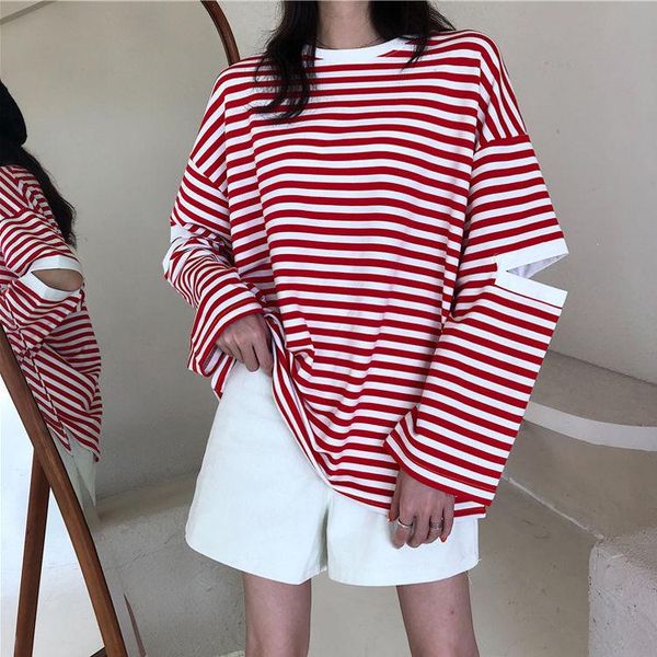 

women's t-shirt 2021 south korean version ins super net red loose black and white stripe long sleeve female student