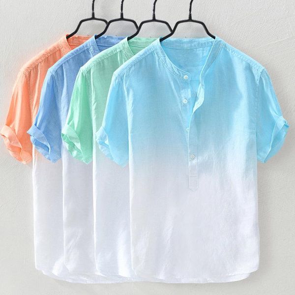 

men's dress shirts summer men cool cotton linen shirt breathable gradient color casual short sleeve beach holiday vacation clothing, White;black