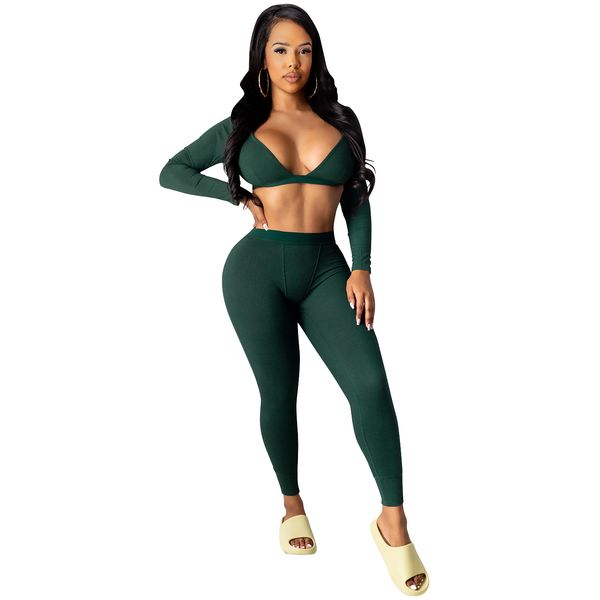 

long sleeve two piece set winter v-neck outfits set for women solid knitting backless fashion casual set tracksuit, Gray