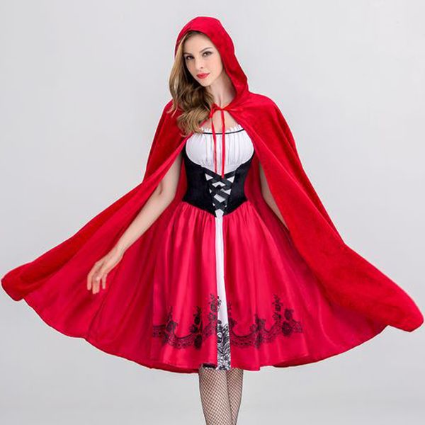 

little red riding hood costume halloween cosplay uniform cape role playing costume red cloak dress disfraces hallow db1066, Black;red
