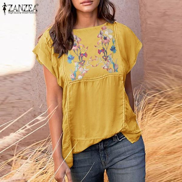 

women's blouses & shirts casual elegant floral shirt 2021 summer women embroidery blouse zanzea oversized split chemise vintage lace pa, White