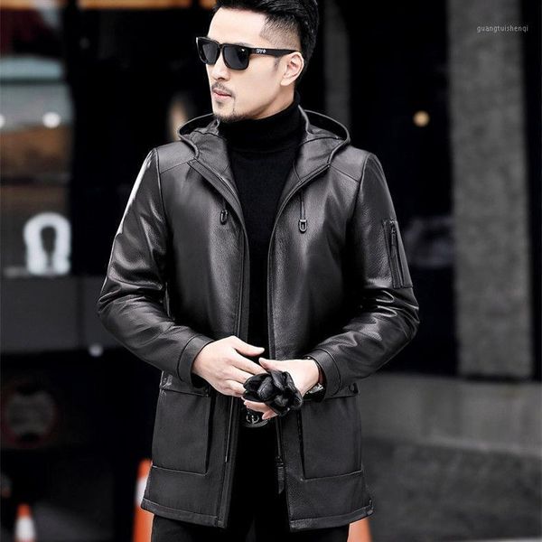 

men's leather & faux spring 2021 high-end clothes layer sheep hoods medium and long genuine jackets, Black