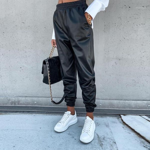 

women's pants & capris leather autumn winter solid faux high waist pockets straight trousers streetwear #t2g, Black;white