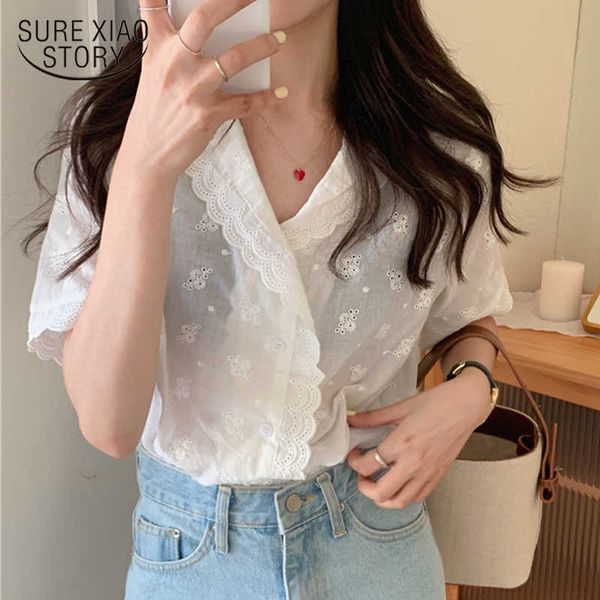 

summer korean sweet lace hollow out embroidered shirt vintage short sleeve women's shirt v-neck solid ladies 14033 210528, White