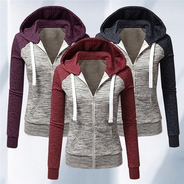

women fashion hit color patchwork jacket 2021 autumn winter hooded sweatshirt zipper hoodies pocket coat female sweat harajuku, Black