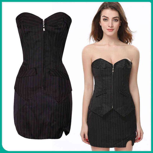 

luxury women's shapers 8501 striped split corset + skirt three piece set female white-collar profsional slim suit, Black;white