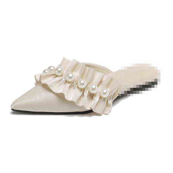 

korean version flounced flip flops women's summer fashion wear pearl thick heel pointed sandals, Black